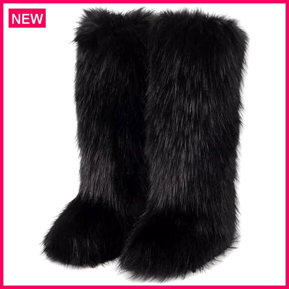 Knee High Faux Fur Snow Boots Women Winter Warm Fluffy Flat Boots